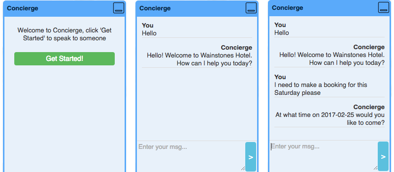 Screen shot of a hotel chatbot window close up, in three panels.